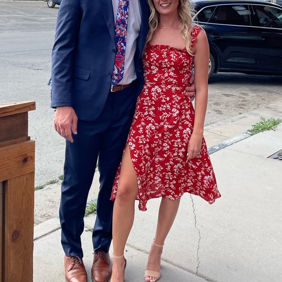 Lulus Garden Date Red Orange Floral Print Ruffle Midi Dress - Picture 4 of 5